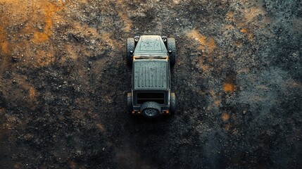 Aerial View of a Rugged Off-Road Vehicle on a Textured Earth Background with Natural Lighting Effects