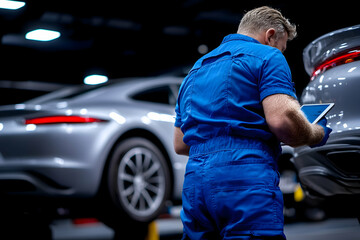 Fototapeta premium Mechanic inspects car, using tablet, in garage
