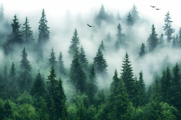 Fototapeta premium Misty mountain forest, birds flying, nature wallpaper