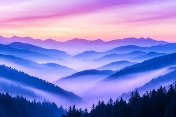 Obraz premium Misty mountain sunrise landscape, scenic view, travel poster