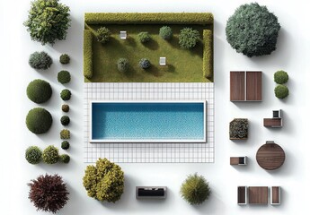 Beautiful landscaping featuring trees, benches, and garden elements.