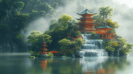 Obraz premium A fantasy floating island with a cascading waterfall and a serene pagoda nestled amongst the lush greenery creates a tranquil and mystical scene, inviting viewers to escape into a world of fantasy.