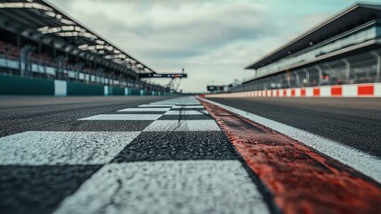 A low-angle view of the finish line at Silverstone Circuit, capturing the checkered pattern on the track under a cloudy sky, symbolizing competition and speed.