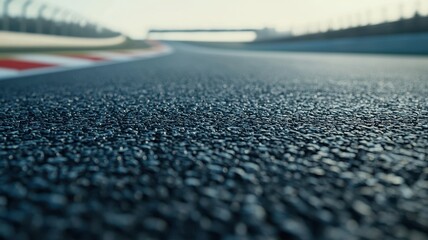 A close-up view of an empty race track, showcasing the textured asphalt surface and smooth curves, providing a serene and inviting atmosphere for racing enthusiasts.