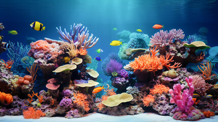 Naklejka premium Vibrant underwater coral reef ecosystem with colorful tropical fish swimming among diverse marine life in crystal-clear ocean water