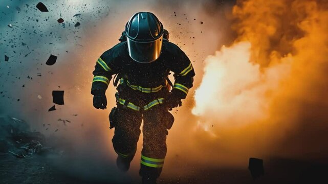 Heroic Firefighter: A brave firefighter, clad in protective gear, charges boldly towards a hazardous scene, surrounded by smoke and debris.