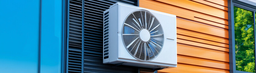 Energy efficient air source heat pump mounted on modern building exterior