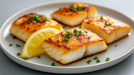 Pan-seared fish fillets, lemon, parsley.  Restaurant food photography