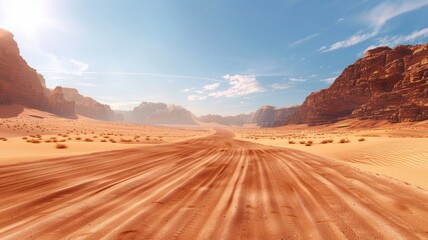 A vast sandy landscape under a bright blue sky, featuring an empty track through the undulating terrain. A stunning scene ideal for travel and nature imagery.