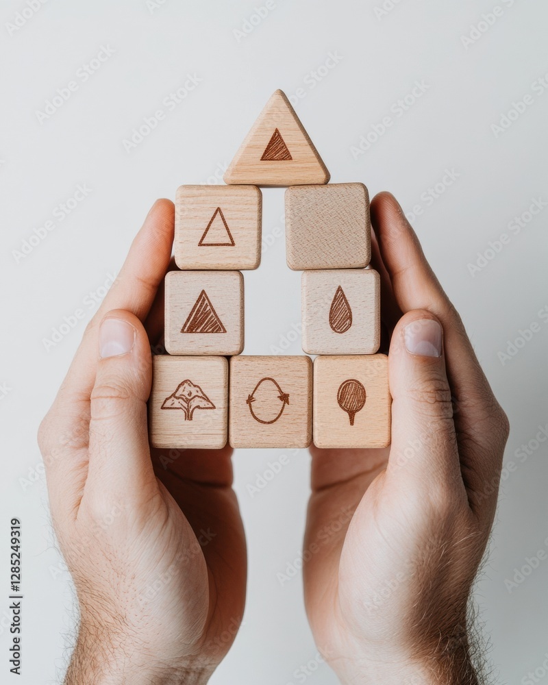Poster natural elements strategy display hands stacking wooden icon blocks in modern design - business hier