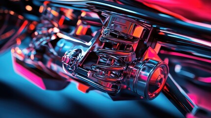 Close-Up of Modern Engine Components with Abstract Lighting and Reflections in Vibrant Colors