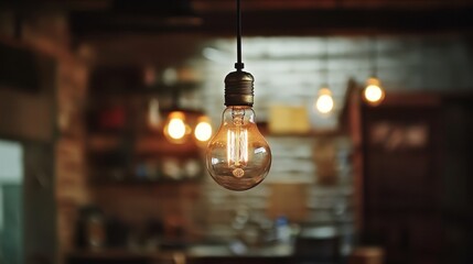 A vintage hanging bulb creates a warm, inviting atmosphere.