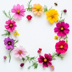 Vibrant Cosmos flowers and bee form a colorful floral frame on a white background perfect for spring or summer designs.