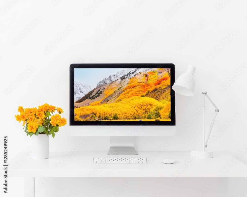 Poster Modern Minimalist Workspace Sleek Desk with White Monitor and Task Lamp - Clean Design for Tech-Savvy Professionals Enhancing Focus and Productivity in Home Office Environments