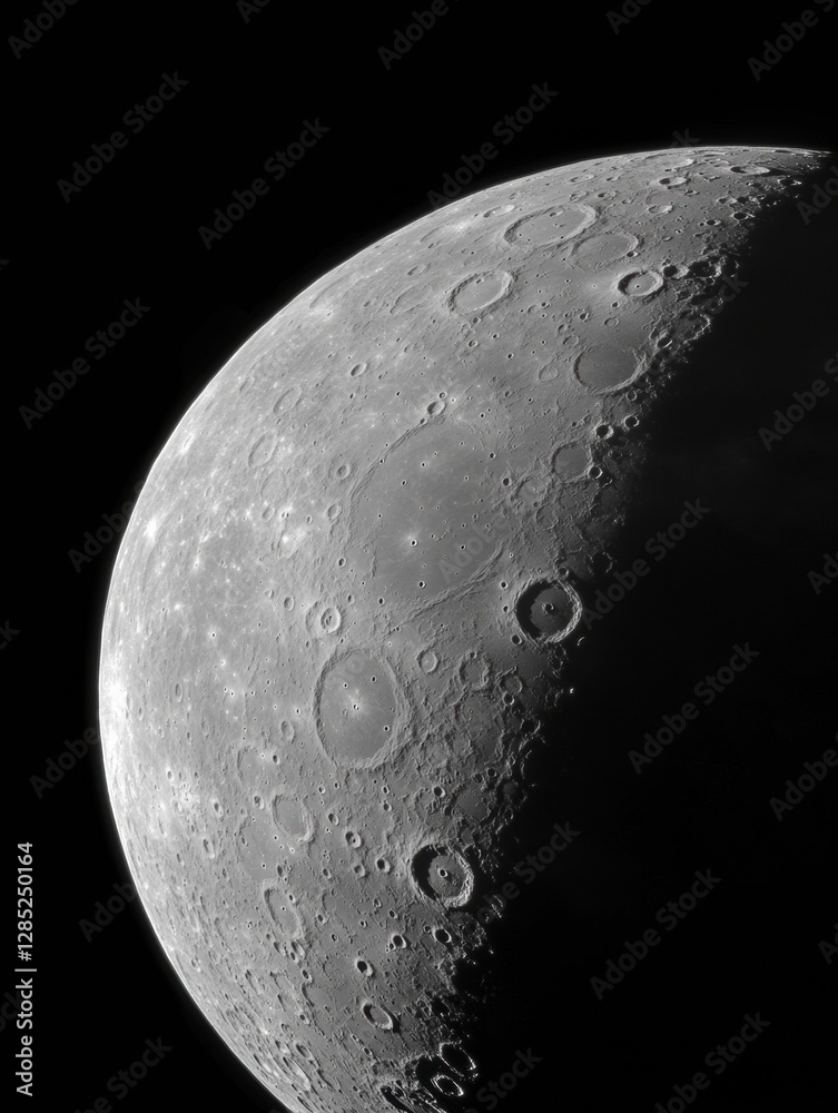 Poster Lunar Surface Visualization High-Resolution Graph of Moon Craters and Maria in Black Space - Precision Mapping for Astronomical Data and Educational Content in Tech Innovation