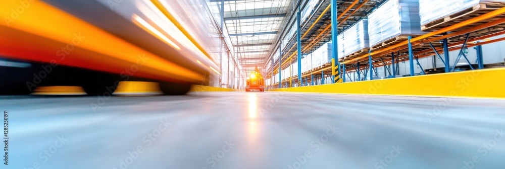 Poster Dynamic Industrial Aesthetic Forklift Navigating Streamlined Warehouse Pallet System - Efficiency and Safety in Modern Materials Handling Operations for Business Innovation