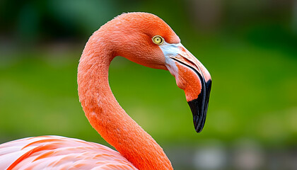 Pink flamingo profile, zoo enclosure, blurred green background, wildlife photography
