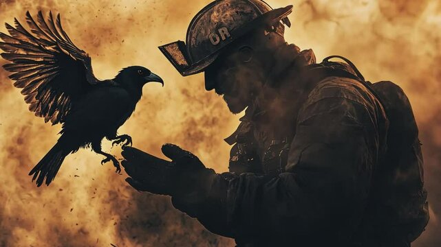 A Firefighter's Familiar: In a dramatic silhouette, a valiant firefighter, hat adorned with a symbol, interacts with a raven, wings outstretched, against a backdrop of roaring flames.