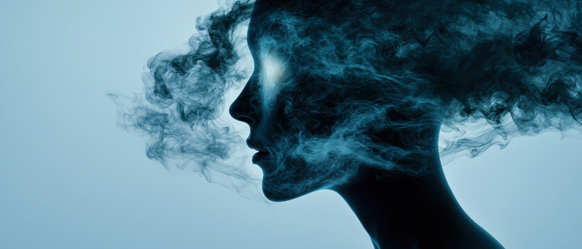 Conversion disorder psychology cognitive FND. Silhouette of a woman with smoke-like hair against a blue backdrop.