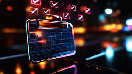 Futuristic clipboard with glowing checkmarks against a vibrant city nightlife backdrop