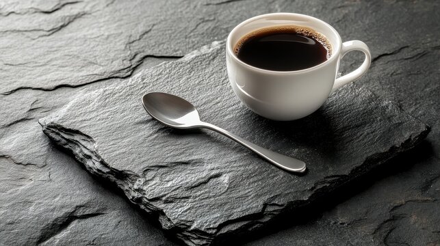 Freshly Brewed Coffee in White Cup on Rustic Slate Plate with Spoon Beside in Natural Lighting