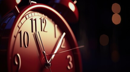 Close-up of a vintage red alarm clock showing time against a blurred dark background with bokeh lights