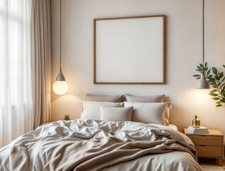 Cozy minimalist bedroom with soft lighting, neutral bedding, and an empty frame above the bed.