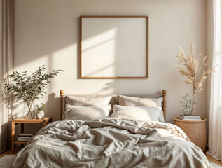 Cozy minimalist bedroom with soft lighting, neutral bedding, and an empty frame above the bed.