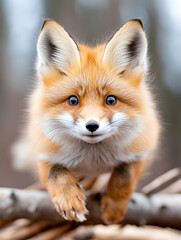 Fototapeta premium Red fox kit leaping, forest background, wildlife photography, nature poster