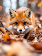 Obraz premium Red fox autumn forest leaves wildlife closeup