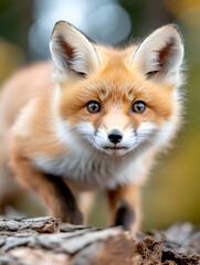 Obraz premium Red fox kit on log, autumn forest background, wildlife photography