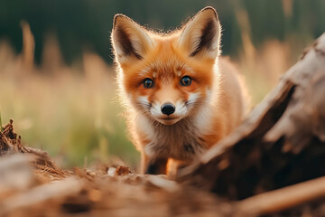 Red fox kit peering from log, forest background, wildlife photography