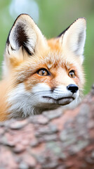 Red fox peeking from behind a log in forest