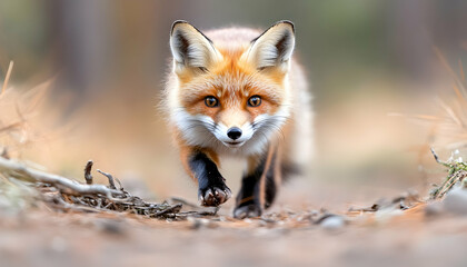 Fototapeta premium Red fox walking in forest, wildlife, nature