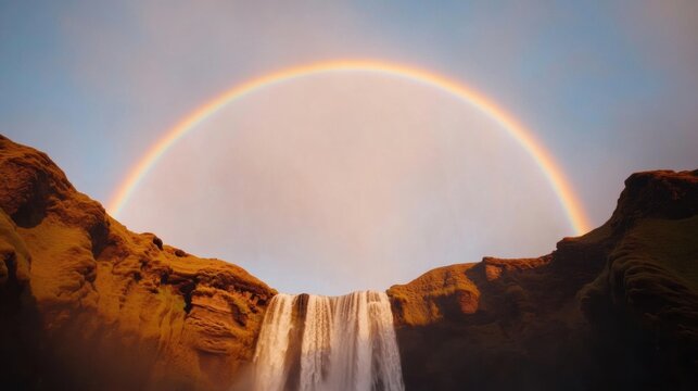 Spectacular Biophilic Waterfall Panorama Vivid Rainbow over Majestic Cliffs for Eco-Tourism Visuals and Sustainable Travel Content Marketing - Powered by Adobe