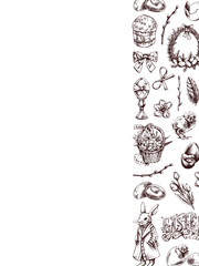 Easter vintage border with rabbit, chick, eggs, bow, willow, feathers, holiday elements