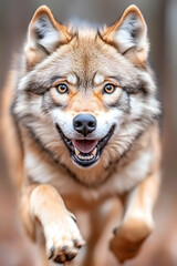 Obraz premium Running wolf, forest background, wildlife portrait, nature photography