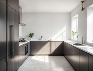 Bright kitchen with a minimalist aesthetic, sleek white countertops, and an empty wall space for decoration.