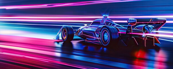 Racing cars with neon stripes are driving at full speed on the highway