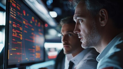 A Formula 1 team principal and race engineer engage in an intense discussion, analyzing data on monitors to strategize for an upcoming race.