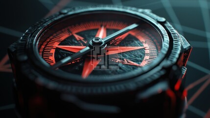 Close-up of a detailed compass with a striking red design on a geometric background