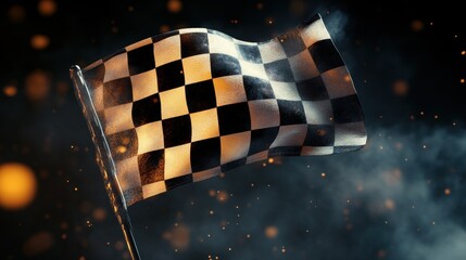 High-speed Racing Flag in Motion with Flashes of Light and Dusty Background Effects for Exciting Motorsport Themes