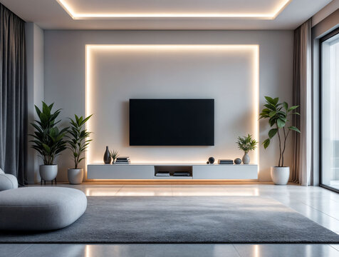 Smart home living room with a sleek media console, soft ambient lighting, and blank space.
