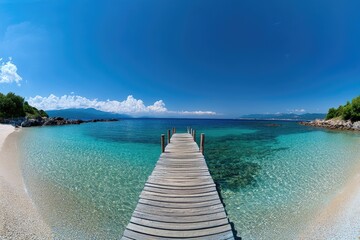 Obraz premium Tranquil wooden pier leads to turquoise beach cove, sunny sky