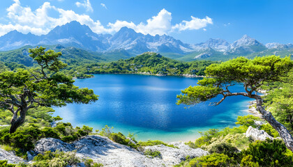 Serene mountain lake, sunny day, lush greenery. Vacation postcard