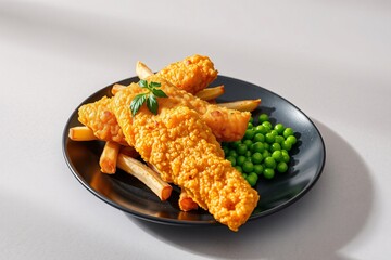 crispy fried chicken with french fries and green peas on black plate