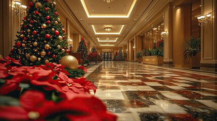 A festive hotel lobby decorated for the season offers a warm welcome, ideal for promoting holiday getaways and special packages.
