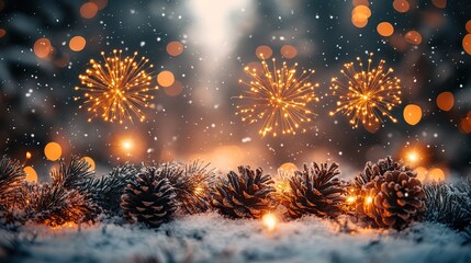 Fototapeta premium A festive New Year scene with sparkling fireworks, pinecones, and snow.