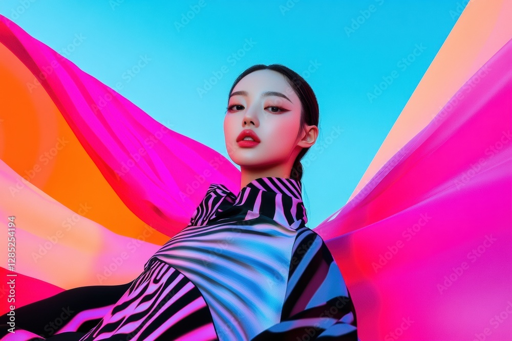 Aufkleber Hyper-Modern AI-Generated Virtual Influencer in Dynamic Cyber Fashion - Digital Branding and Metaverse Strategy with Ultra-Realistic CGI Details