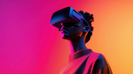 Neon Virtual Reality Experience Sleek VR Headset on Modern Individual against Gradient Backdrop - High-Tech Lifestyle Content and Immersive Entertainment Branding